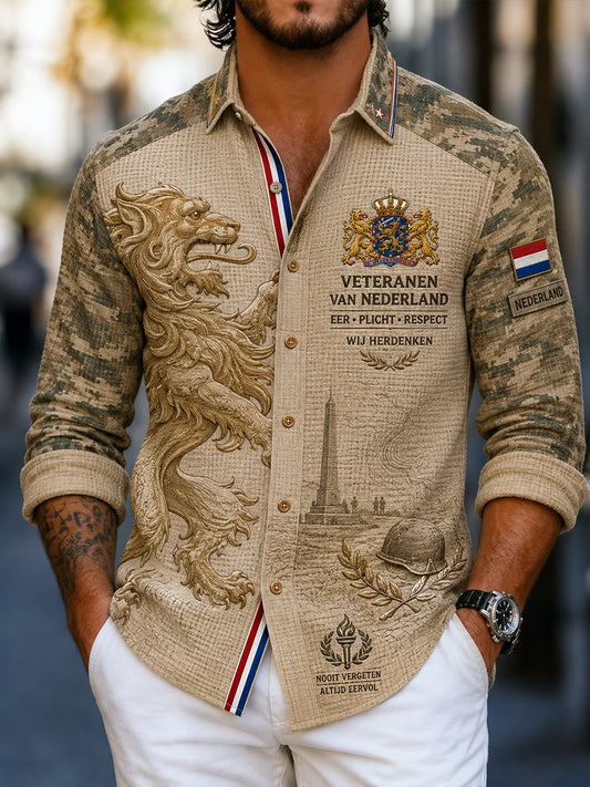 Herenoverhemd met wafelstructuur, lange mouwen en vintage militair motief