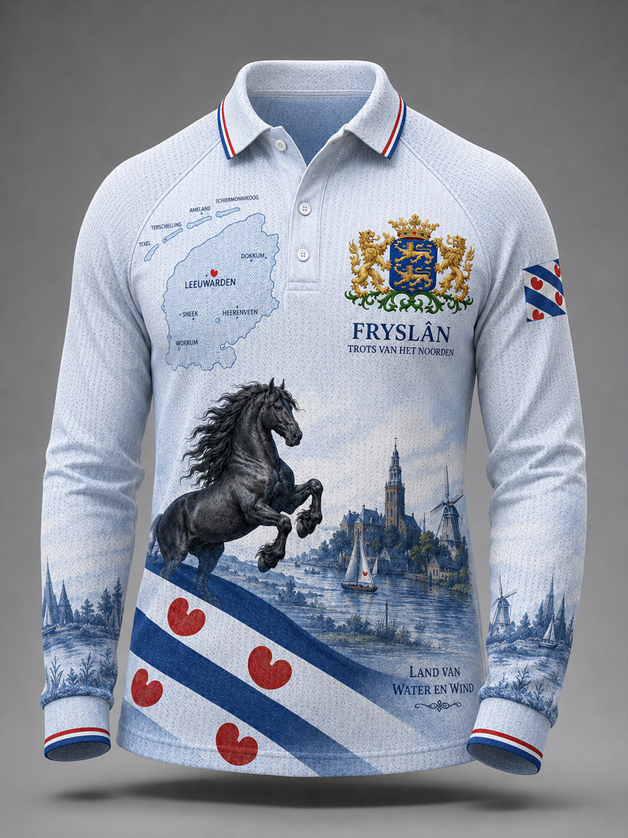 Herenpoloshirt met lange raglanmouwen en grafische print met stadsdesign