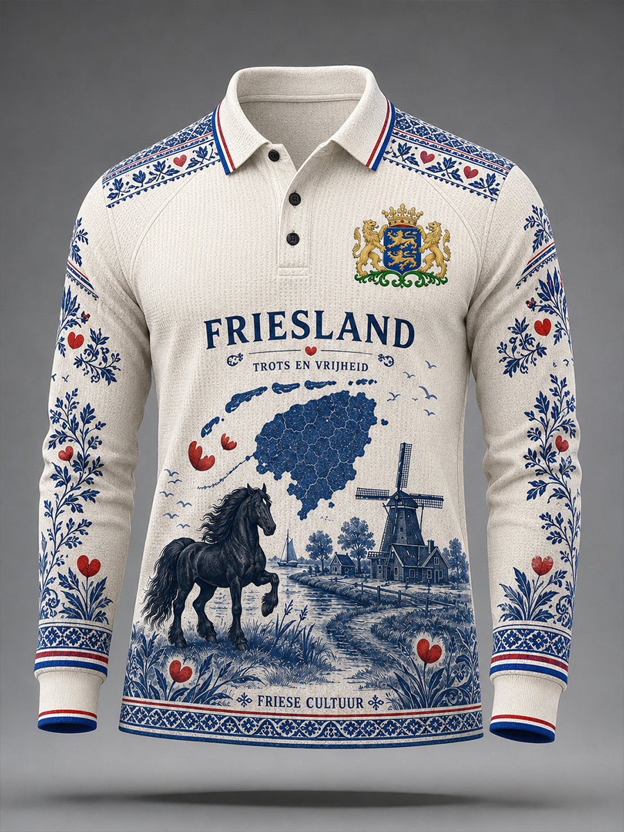 Herenpoloshirt met lange raglanmouwen en grafische print met stadsdesign