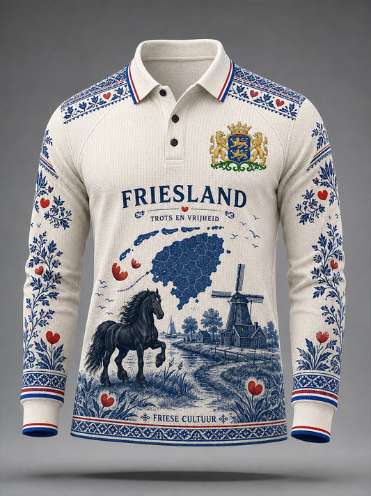 Herenpoloshirt met lange raglanmouwen en grafische print met stadsdesign