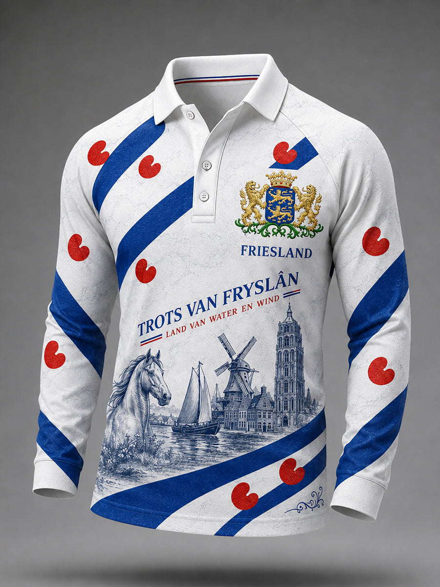 City-thema heren met grafische print Raglan-mouw poloshirt met lange mouwen