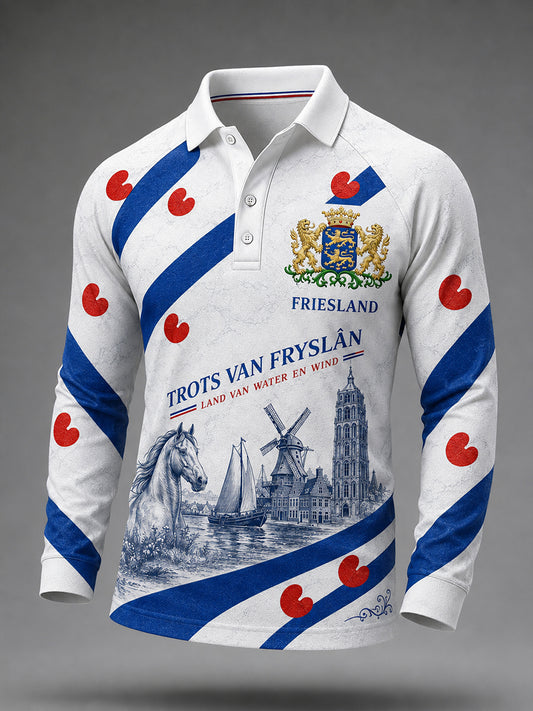 City-thema heren met grafische print Raglan-mouw poloshirt met lange mouwen