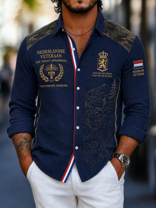 Heren vintage Veteraan-thema print wafel gebreid overhemd met lange mouwen