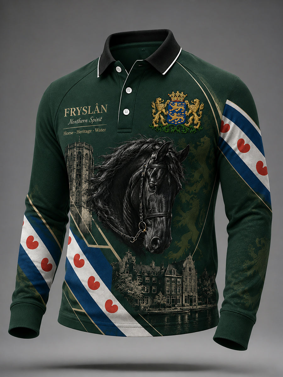 Herenpoloshirt met lange raglanmouwen en grafische print met stadsdesign