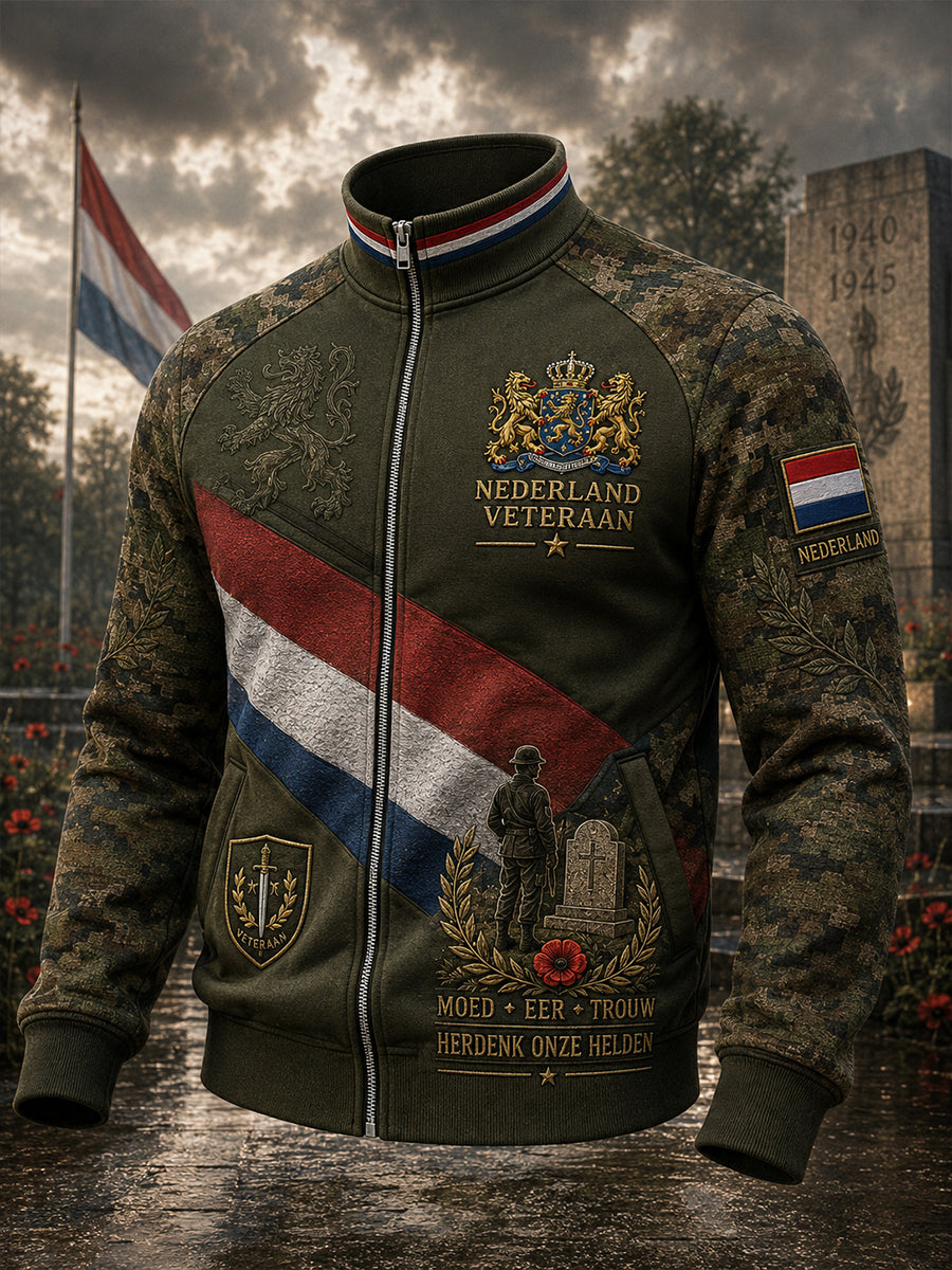 Herenjack met vintageprint in militaire stijl en raglanmouwen, met rits vooraan