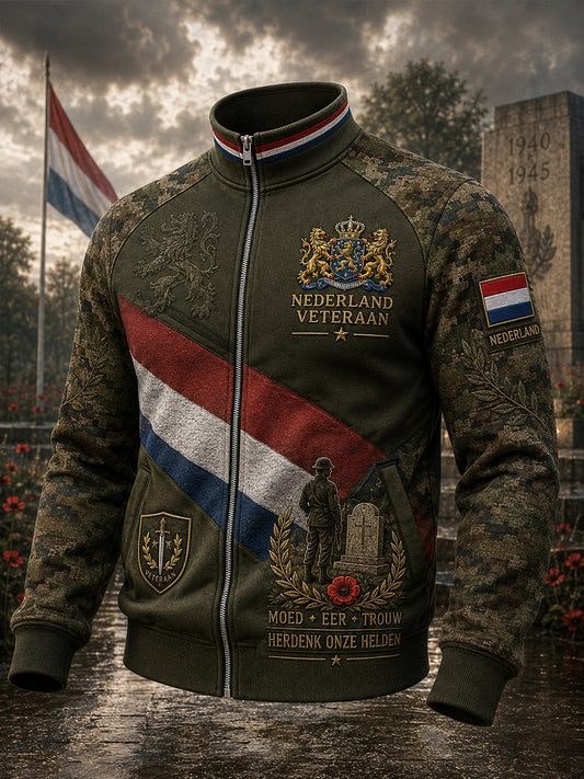 Herenjack met vintageprint in militaire stijl en raglanmouwen, met rits vooraan