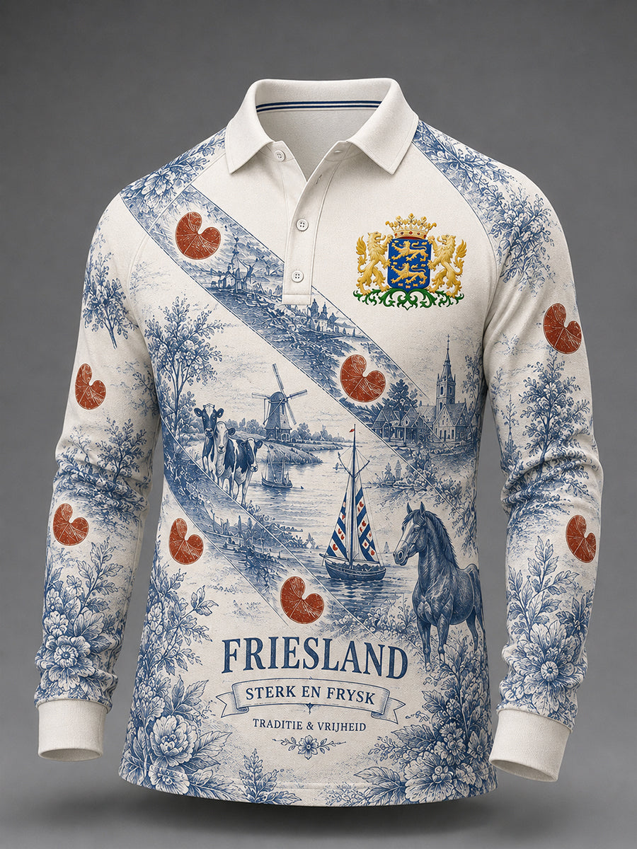 Herenpoloshirt met lange raglanmouwen en grafische print met stadsdesign