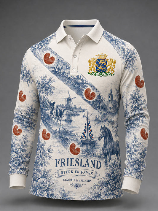 Herenpoloshirt met lange raglanmouwen en grafische print met stadsdesign