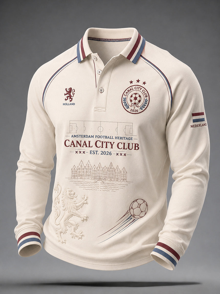Herenpoloshirt met lange mouwen en voetbalprint in raglanstijl