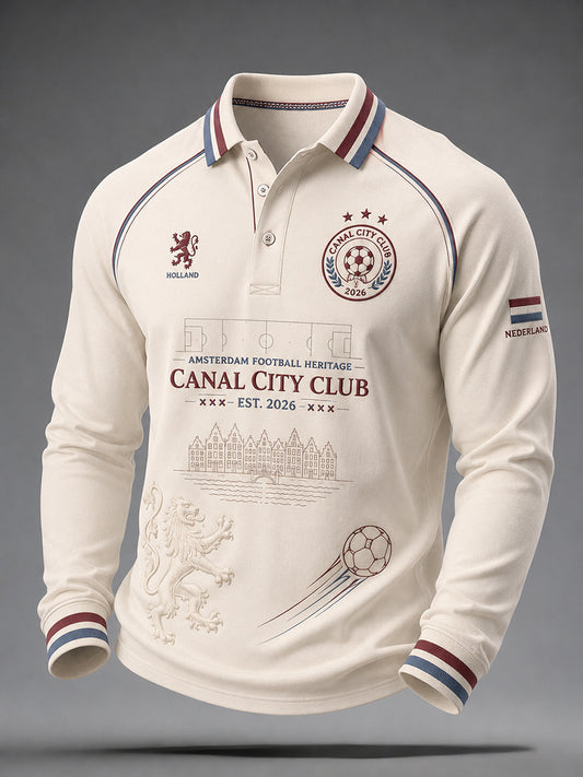 Herenpoloshirt met lange mouwen en voetbalprint in raglanstijl