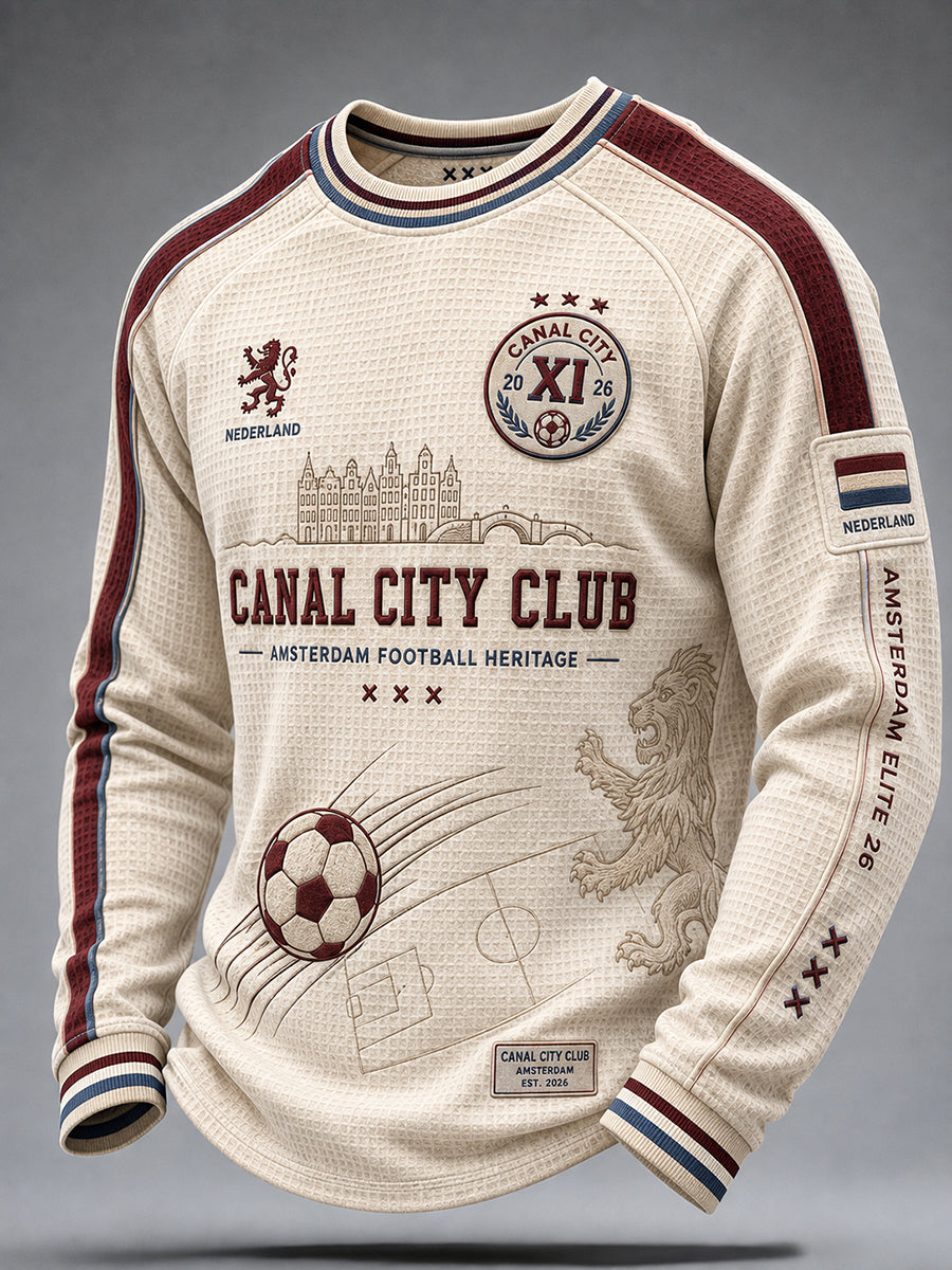Heren voetbal met thema print Raglan-mouw wafel-gebreide top met lange mouwen