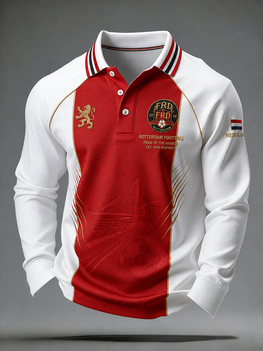 Herenpoloshirt met lange mouwen en voetbalprint in raglanstijl