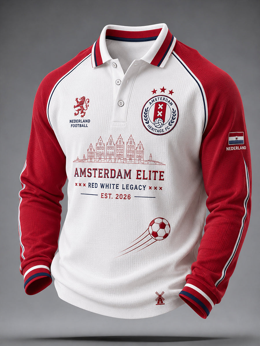 Herenpoloshirt met lange mouwen en voetbalprint in raglanstijl