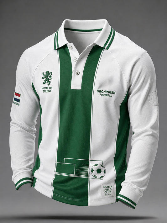 Herenpoloshirt met lange mouwen en voetbalprint in raglanstijl