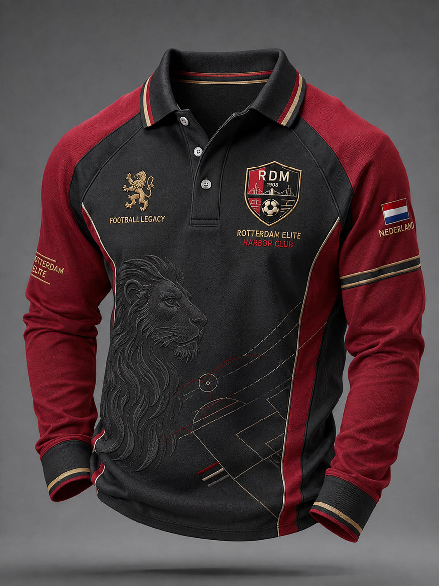 Herenpoloshirt met lange mouwen en voetbalprint in raglanstijl
