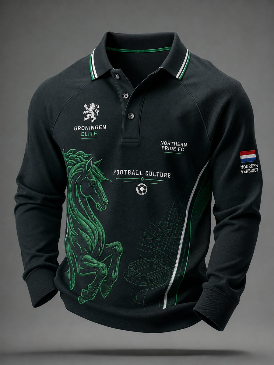 Herenpoloshirt met lange mouwen en voetbalprint in raglanstijl