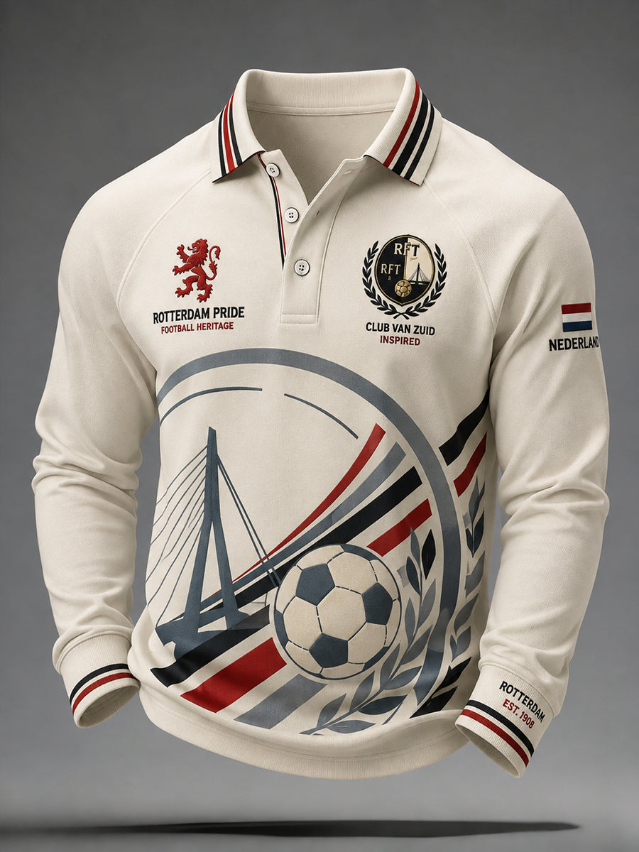 Herenpoloshirt met lange mouwen en voetbalprint in raglanstijl