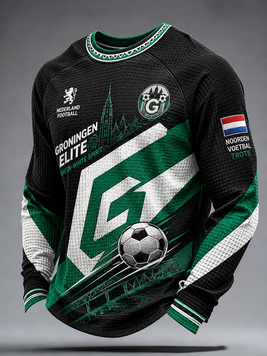 Voetbalthema print raglanmouwen wafelbreisel longsleeve top voor heren