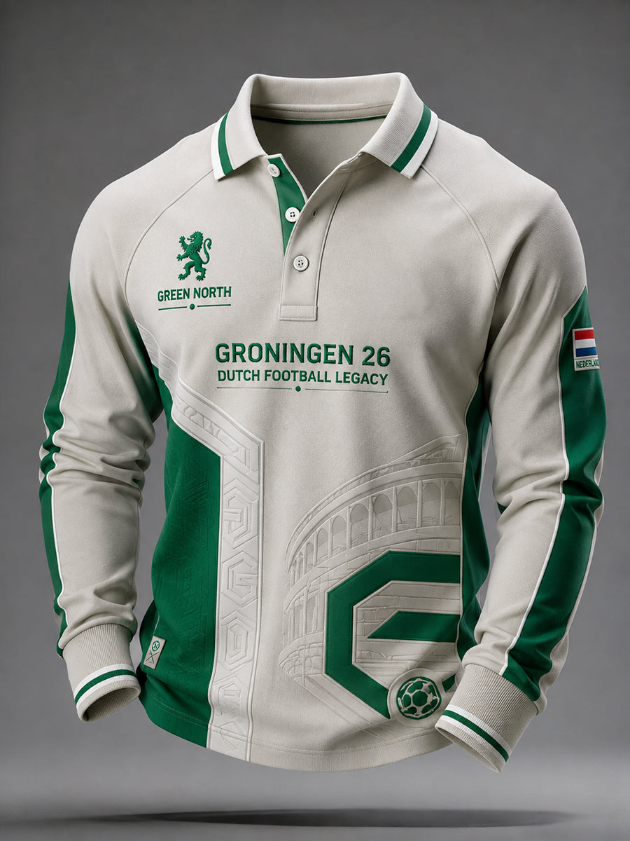 Herenpoloshirt met lange mouwen en voetbalprint in raglanstijl