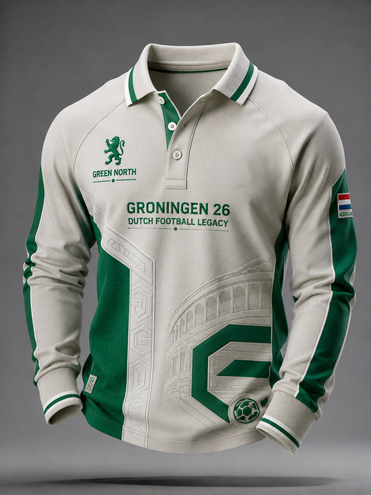 Herenpoloshirt met lange mouwen en voetbalprint in raglanstijl