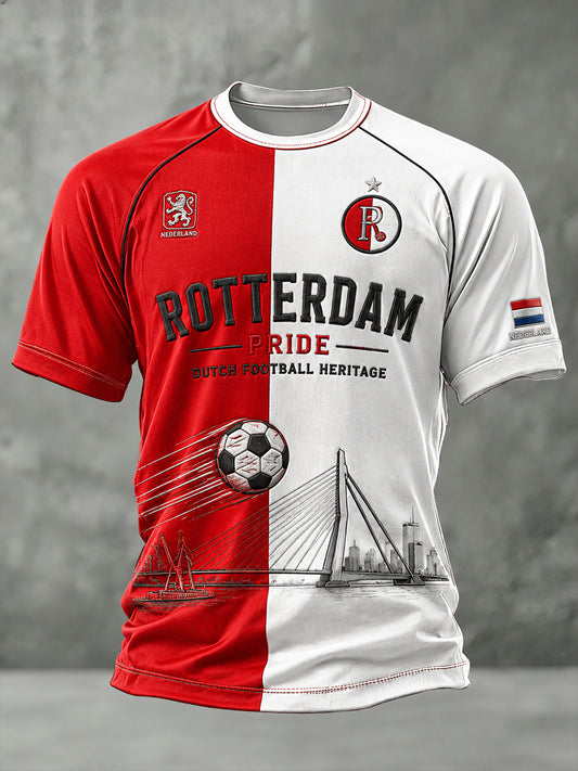 Heren-T-shirt met korte mouwen en raglanmouwen, voorzien van een voetbalprint
