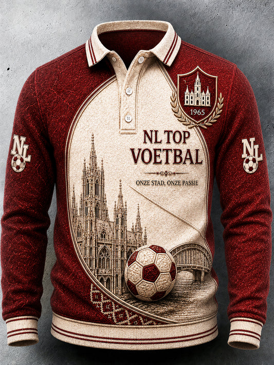 Herenvintage Nederlandse Eredivisie Twente patchwork print casual poloshirt met lange mouwen