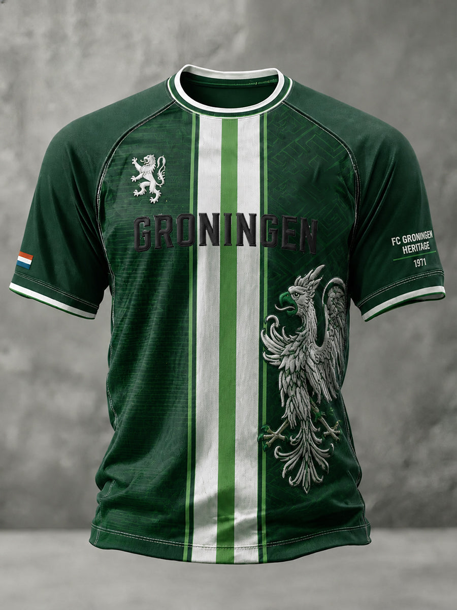 Heren-T-shirt met korte mouwen en raglanmouwen, voorzien van een voetbalprint