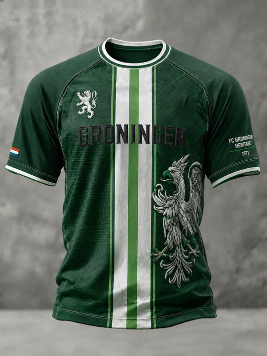 Heren-T-shirt met korte mouwen en raglanmouwen, voorzien van een voetbalprint
