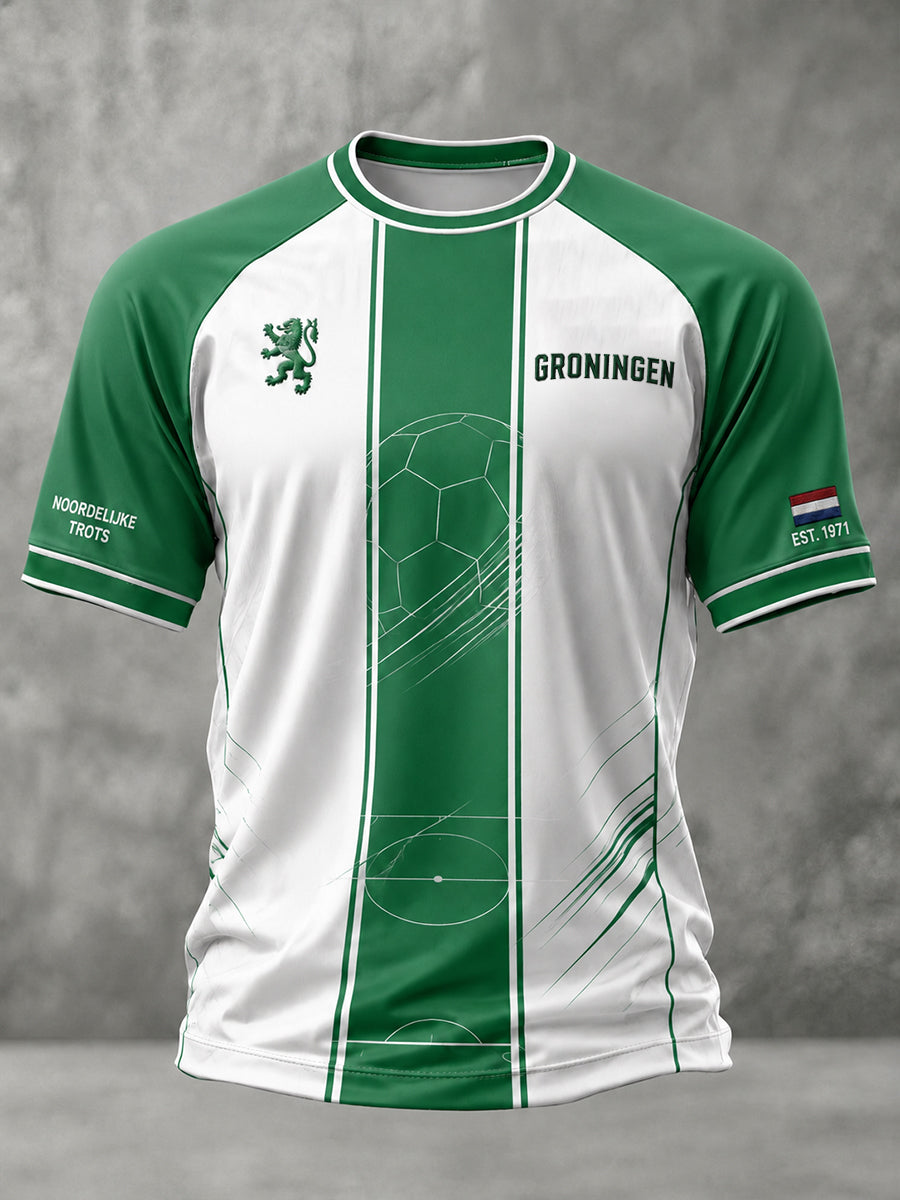 Heren-T-shirt met korte mouwen en raglanmouwen, voorzien van een voetbalprint