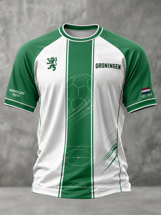 Heren-T-shirt met korte mouwen en raglanmouwen, voorzien van een voetbalprint