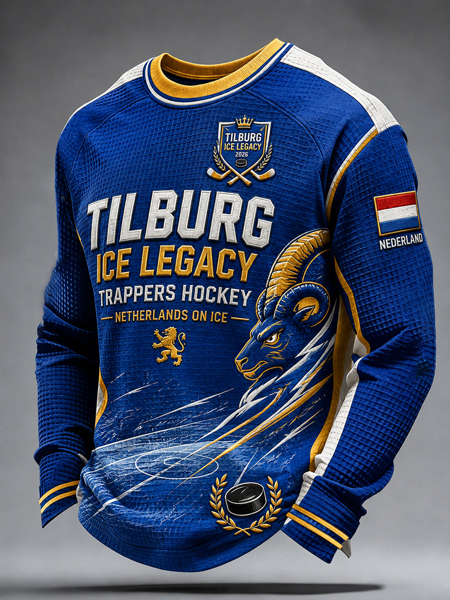 Heren wafel-gebreide lange mouw Raglan T-shirt met ijshockey-thema print