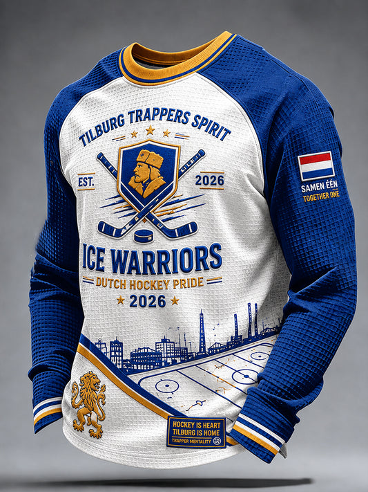 Herenwafelpoloshirt met lange mouwen en raglanmouwen, voorzien van een print met ijshockeythema