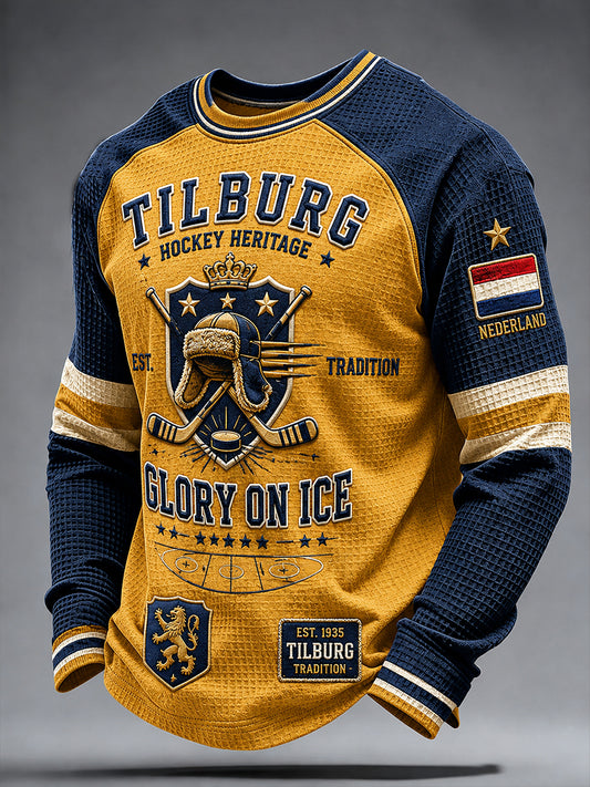 Herenwafelpoloshirt met lange mouwen en raglanmouwen, voorzien van een print met ijshockeythema