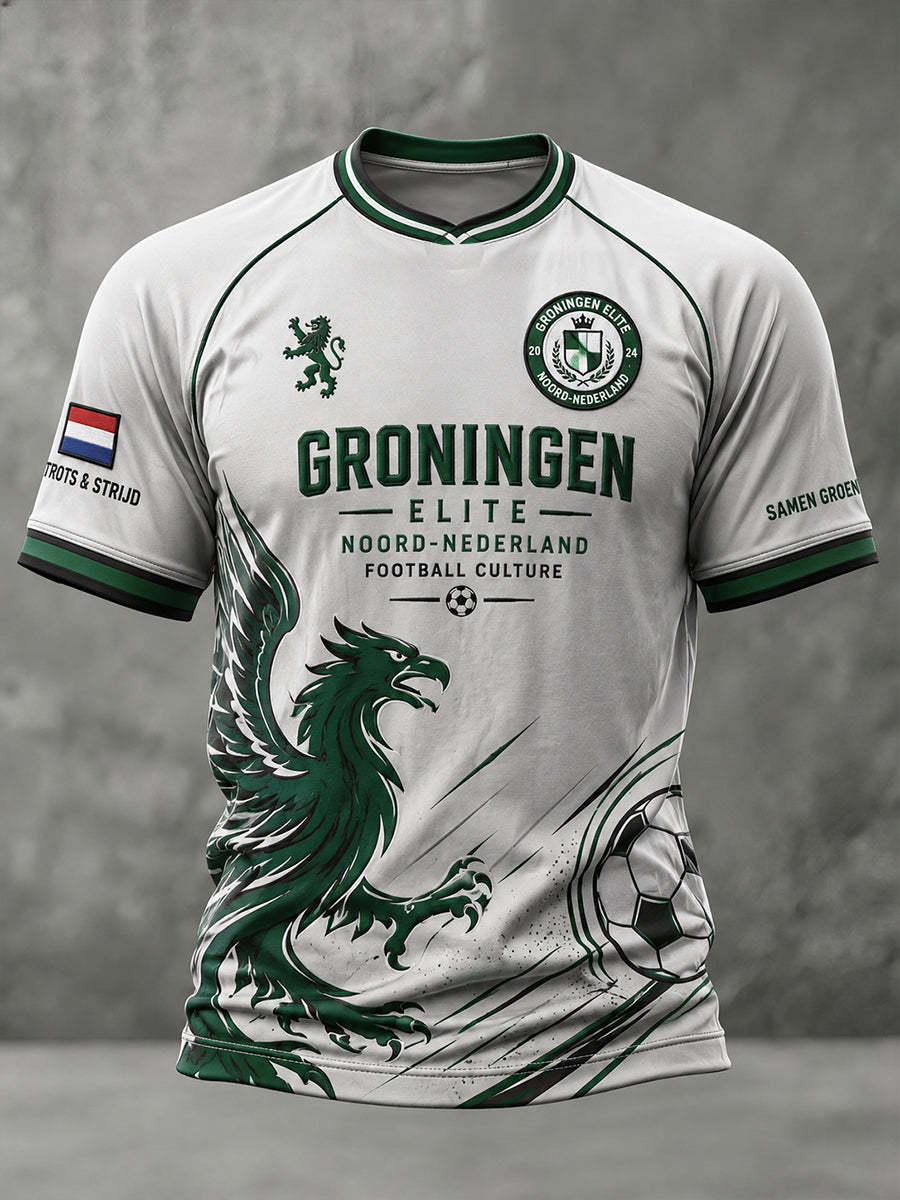 Heren-T-shirt met korte mouwen en raglanmouwen, voorzien van een voetbalprint