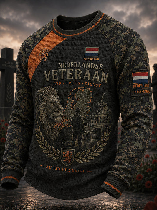 Heren vintage stijl camo-print wafel-gebreide Raglan top met lange mouwen