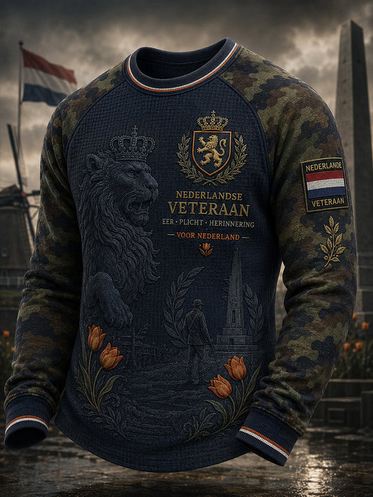 Herenhemd in vintagestijl met camo-print, gewafeld en raglanmouwen, lange mouwen