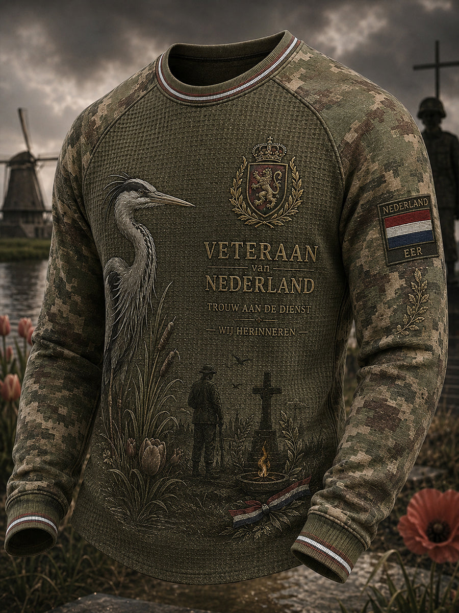Herenhemd in vintagestijl met camo-print, gewafeld en raglanmouwen, lange mouwen