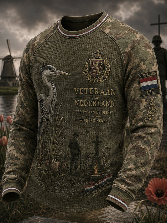 Herenhemd in vintagestijl met camo-print, gewafeld en raglanmouwen, lange mouwen