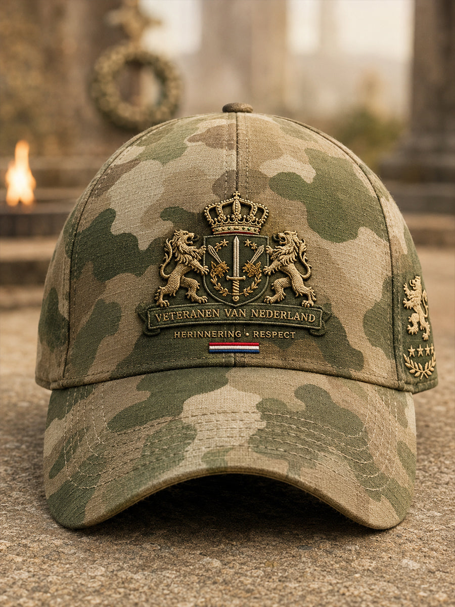 Heren vintage-stijl camo-print pet met veteraan herdenkingselementen