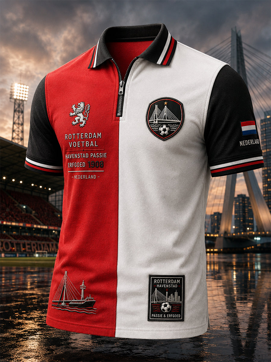 Herenpoloshirt met korte mouwen en ritskraag, voorzien van een voetbalprint