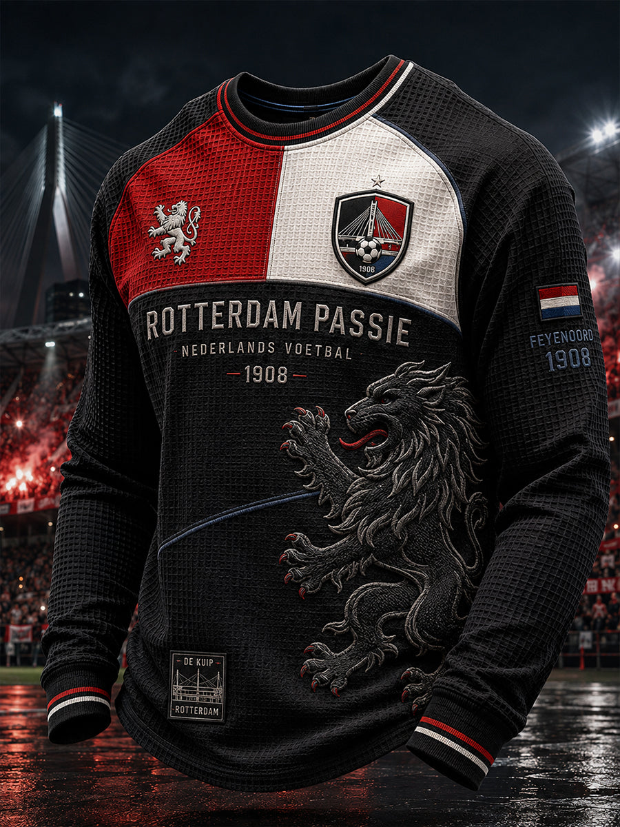 Voetbalthema-geprinte wafelgebreide raglan-top met lange mouwen voor heren