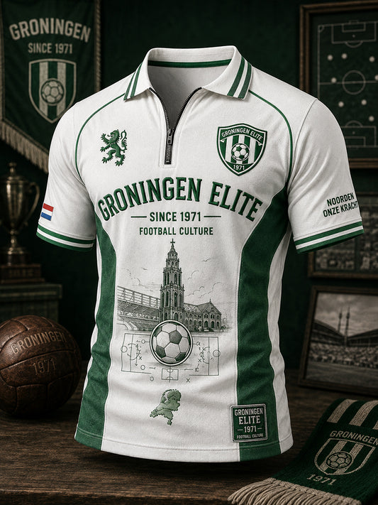 Herenpoloshirt met korte mouwen en ritskraag, voorzien van een voetbalprint