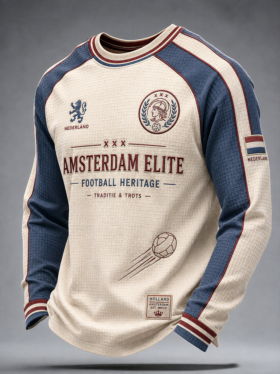 Voetbalthema-geprinte wafelgebreide raglan-top met lange mouwen voor heren