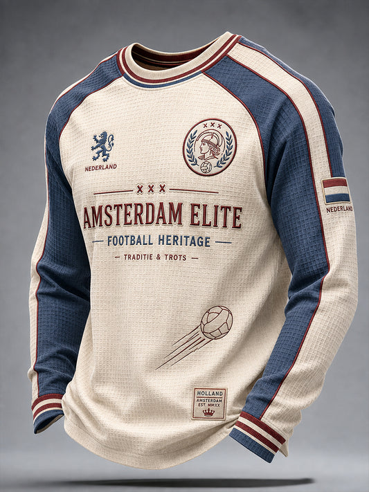 Voetbalthema-geprinte wafelgebreide raglan-top met lange mouwen voor heren