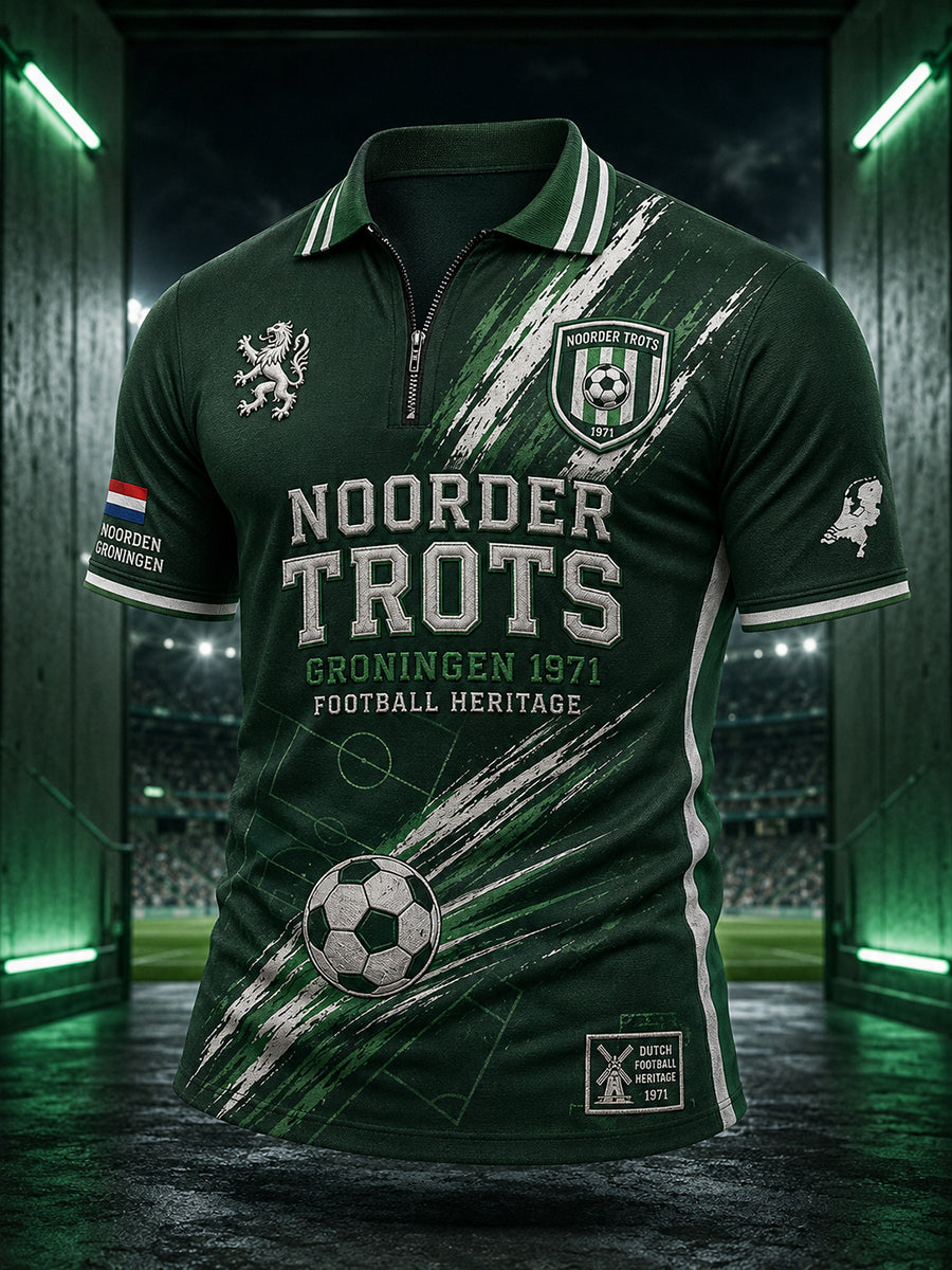 Herenpoloshirt met korte mouwen en ritskraag, voorzien van een voetbalprint