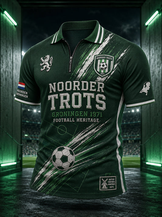 Herenpoloshirt met korte mouwen en ritskraag, voorzien van een voetbalprint
