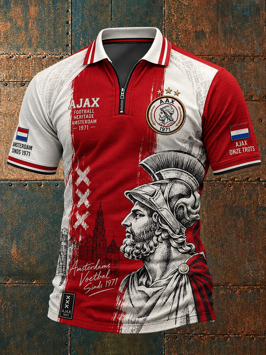 Herenpoloshirt met korte mouwen en ritskraag, voorzien van een voetbalprint