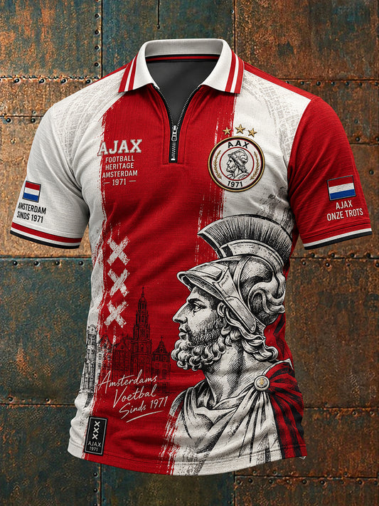 Herenpoloshirt met korte mouwen en ritskraag, voorzien van een voetbalprint