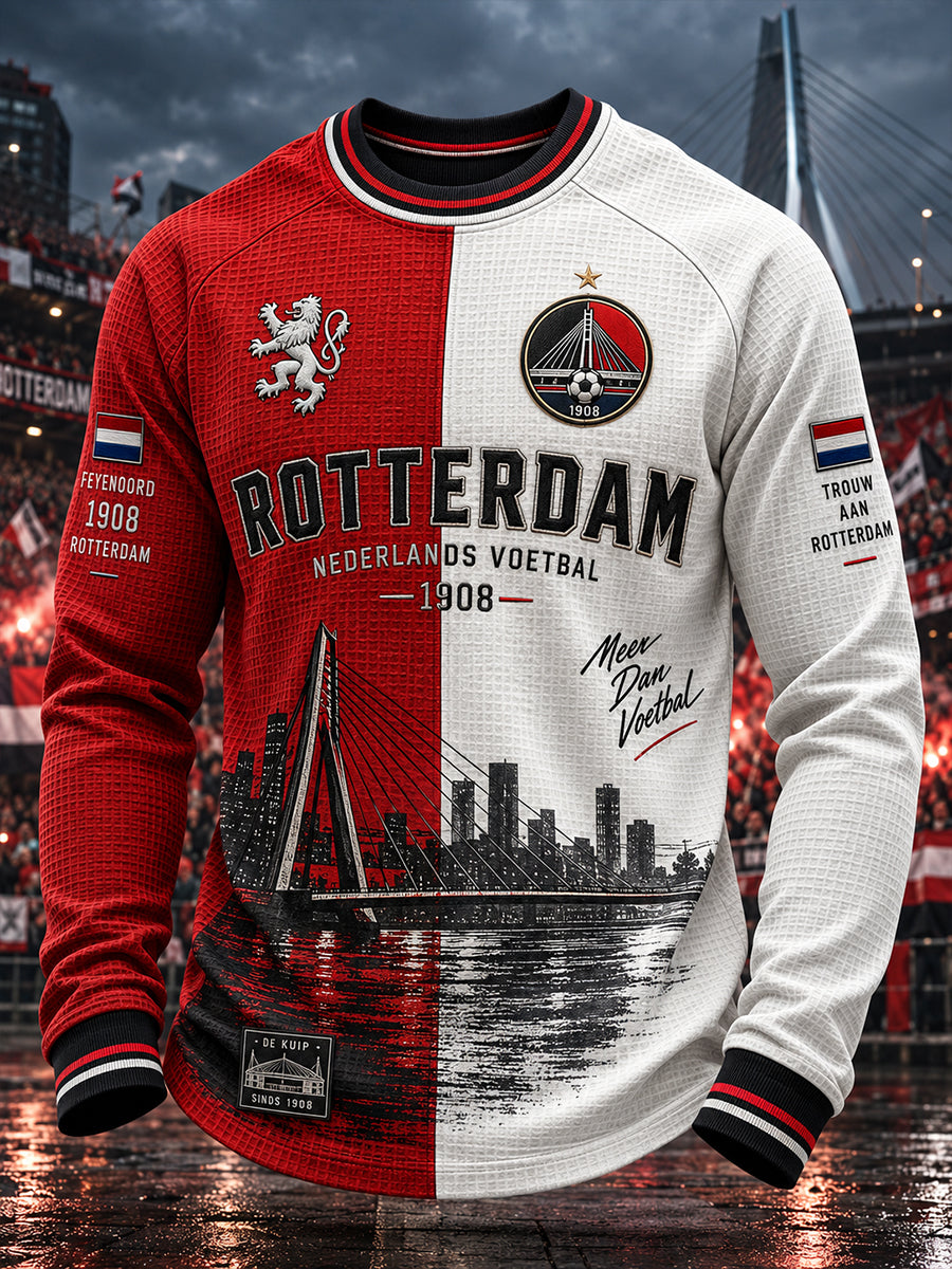 Voetbalthema-geprinte wafelgebreide raglan-top met lange mouwen voor heren