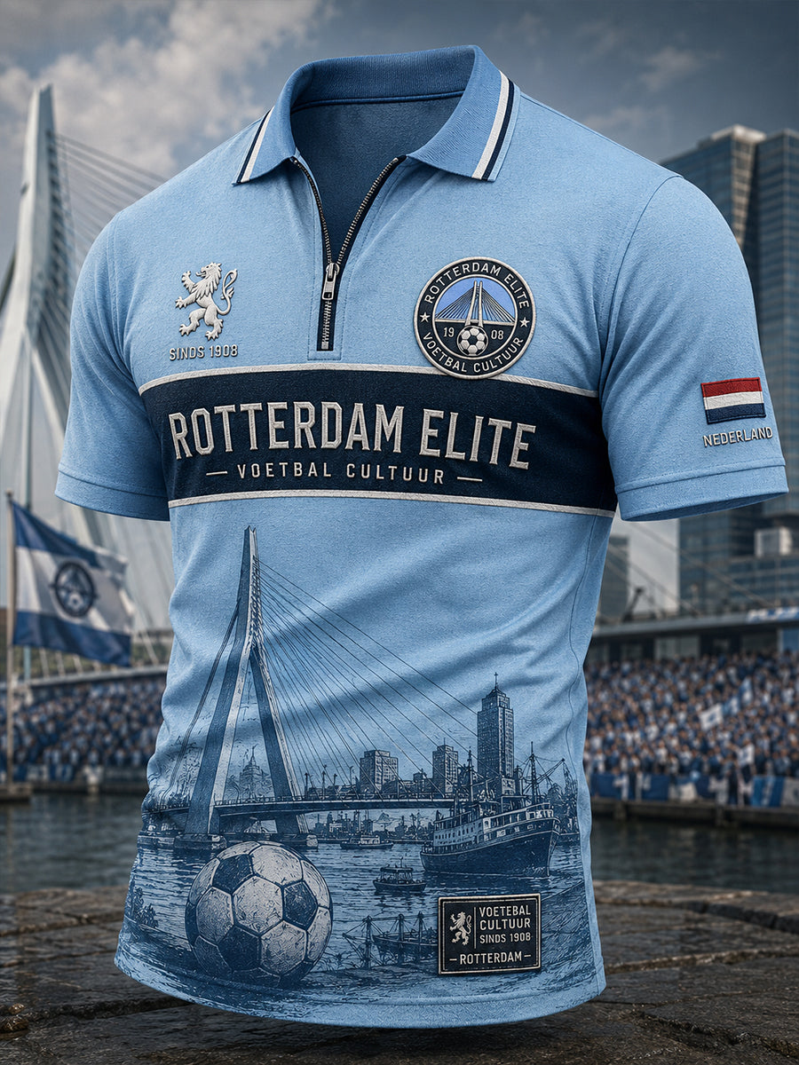 Herenpoloshirt met korte mouwen en ritskraag, voorzien van een voetbalprint